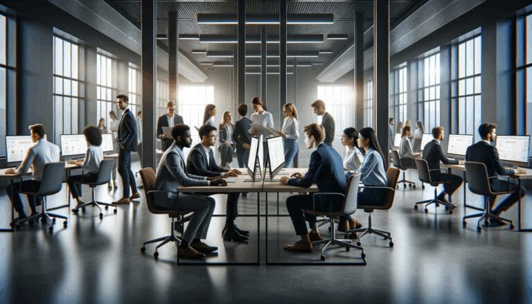 Oficina moderna con jóvenes profesionales colaborando frente a pantallas digitales en un ambiente tecnológico.