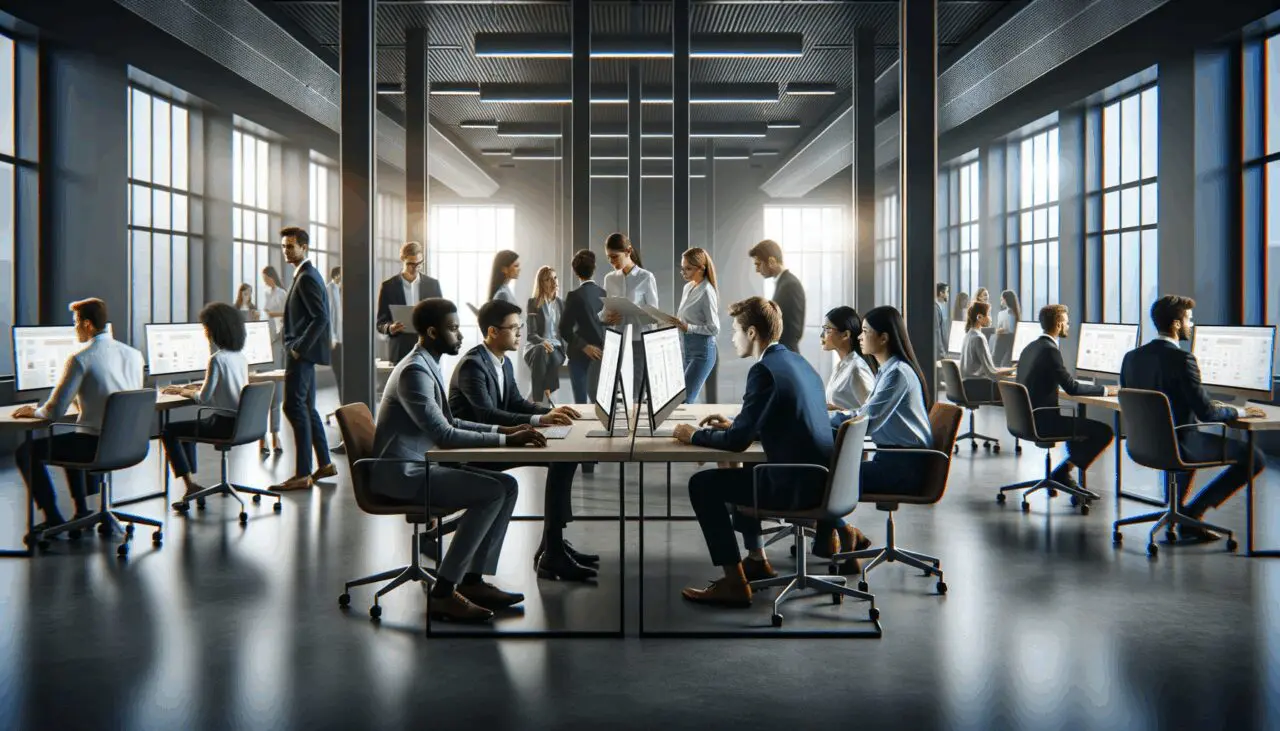 Oficina moderna con jóvenes profesionales colaborando frente a pantallas digitales en un ambiente tecnológico.