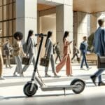 Scooter eléctrico moderno aparcado en una ciudad, fondo urbano y personas moviéndose.