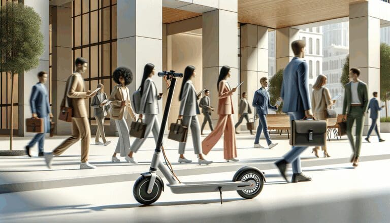 Scooter eléctrico moderno aparcado en una ciudad, fondo urbano y personas moviéndose.