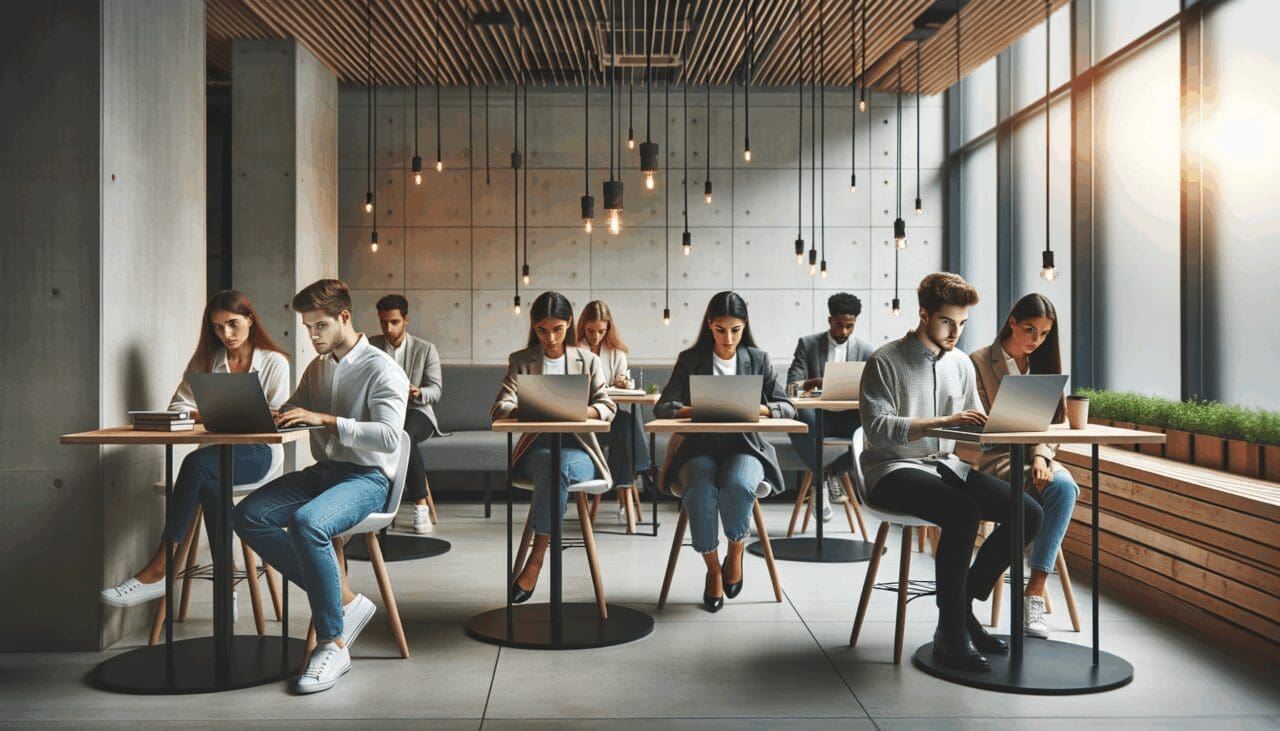 Jóvenes emprendedores usando computadoras portátiles en un espacio de coworking moderno.