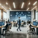 Espacio de coworking moderno con emprendedores colaborando y pantallas digitales al fondo.