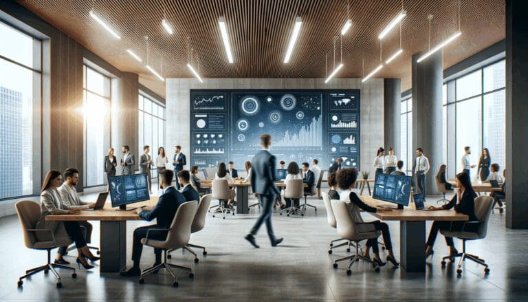 Espacio de coworking moderno con emprendedores colaborando y pantallas digitales al fondo.