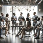 Grupo de emprendedores conversando en un espacio de coworking moderno y luminoso, ambiente colaborativo y tecnológico.