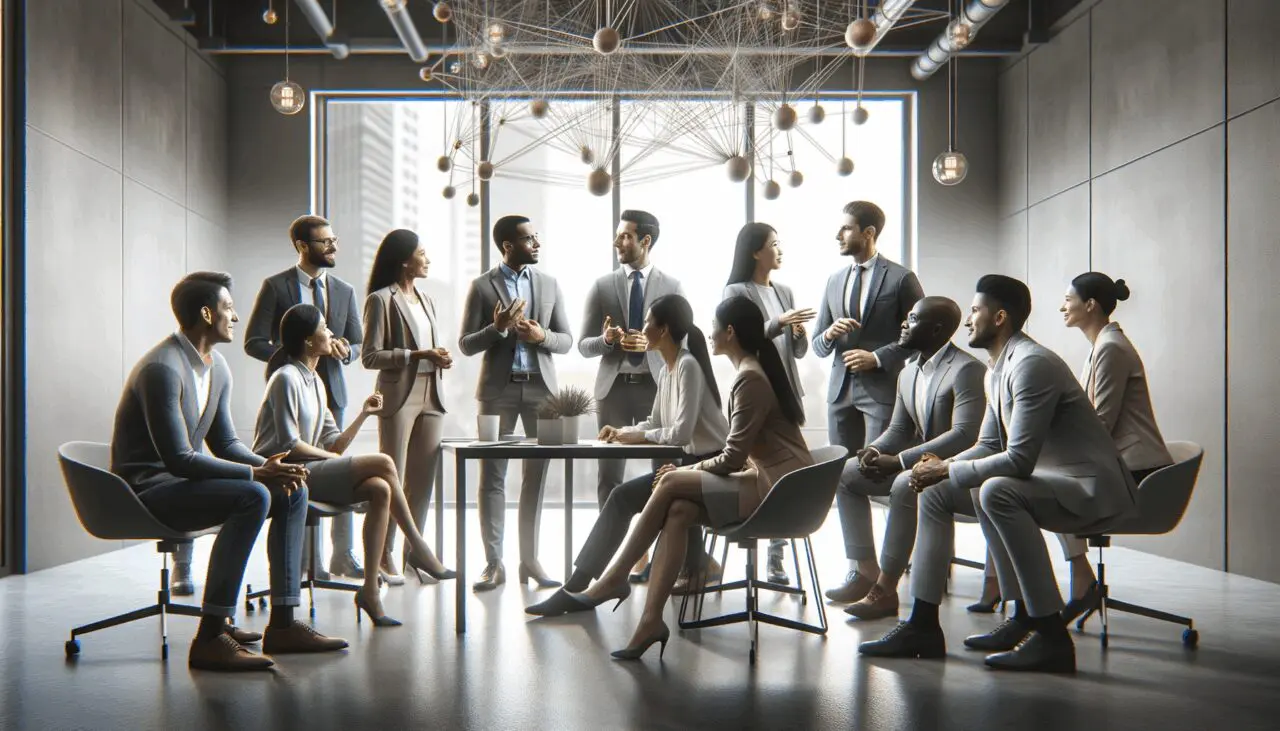Grupo de emprendedores conversando en un espacio de coworking moderno y luminoso, ambiente colaborativo y tecnológico.