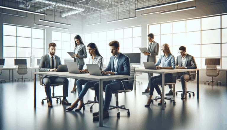 Oficina moderna con emprendedores trabajando alrededor de una mesa con laptops, fondo de pantallas y luz natural.