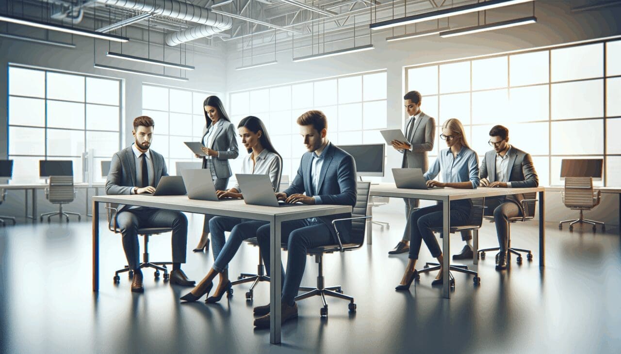 Oficina moderna con emprendedores trabajando alrededor de una mesa con laptops, fondo de pantallas y luz natural.