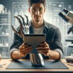 Persona sosteniendo un dispositivo portátil tecnológico sobre una superficie de trabajo, con una prótesis en primer plano, fondo desenfocado estilo laboratorio.