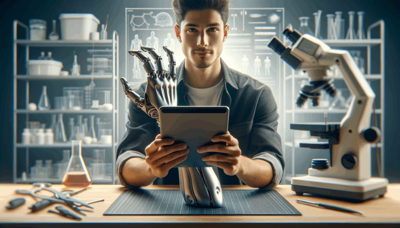 Persona sosteniendo un dispositivo portátil tecnológico sobre una superficie de trabajo, con una prótesis en primer plano, fondo desenfocado estilo laboratorio.