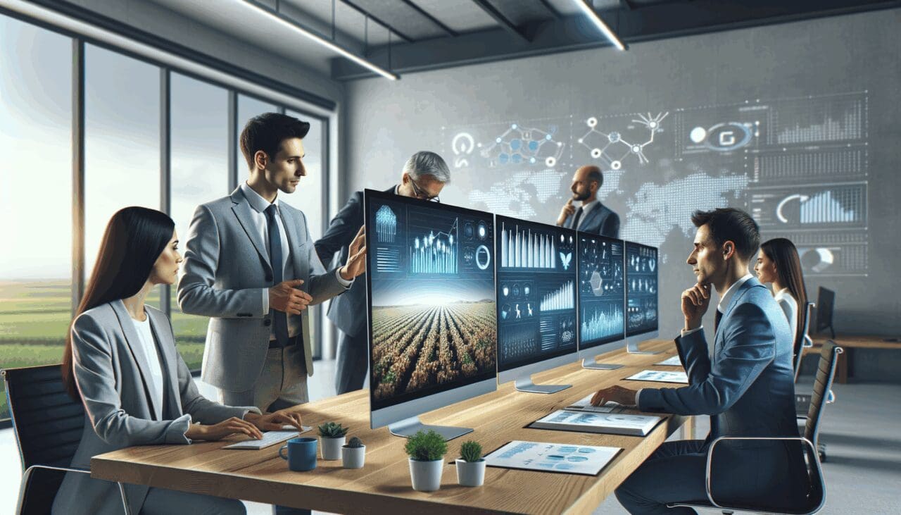 Equipo de trabajo tecnológico en oficina moderna revisando datos agrícolas en pantallas digitales