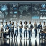 Equipo multicultural de emprendedores reunido frente a pantallas con gráficos y una interfaz de inteligencia artificial en ambiente de oficina tecnológica moderna.