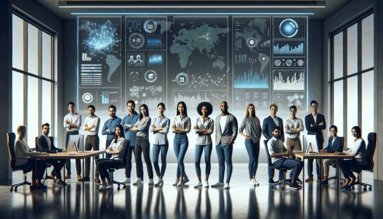 Equipo multicultural de emprendedores reunido frente a pantallas con gráficos y una interfaz de inteligencia artificial en ambiente de oficina tecnológica moderna.