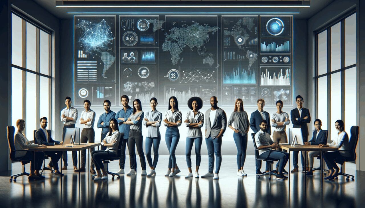 Equipo multicultural de emprendedores reunido frente a pantallas con gráficos y una interfaz de inteligencia artificial en ambiente de oficina tecnológica moderna.