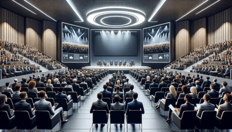 Fotografía editorial de un auditorio moderno repleto de emprendedores y pantallas digitales.