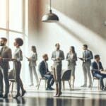 Emprendedores reunidos en un espacio moderno y luminoso, conversando en un ambiente colaborativo.