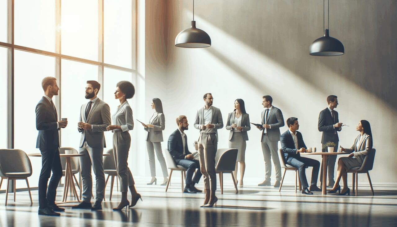Emprendedores reunidos en un espacio moderno y luminoso, conversando en un ambiente colaborativo.