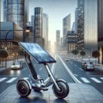 Triciclo futurista de pedales circulando por una vía urbana, Fondo limpio y tecnológico