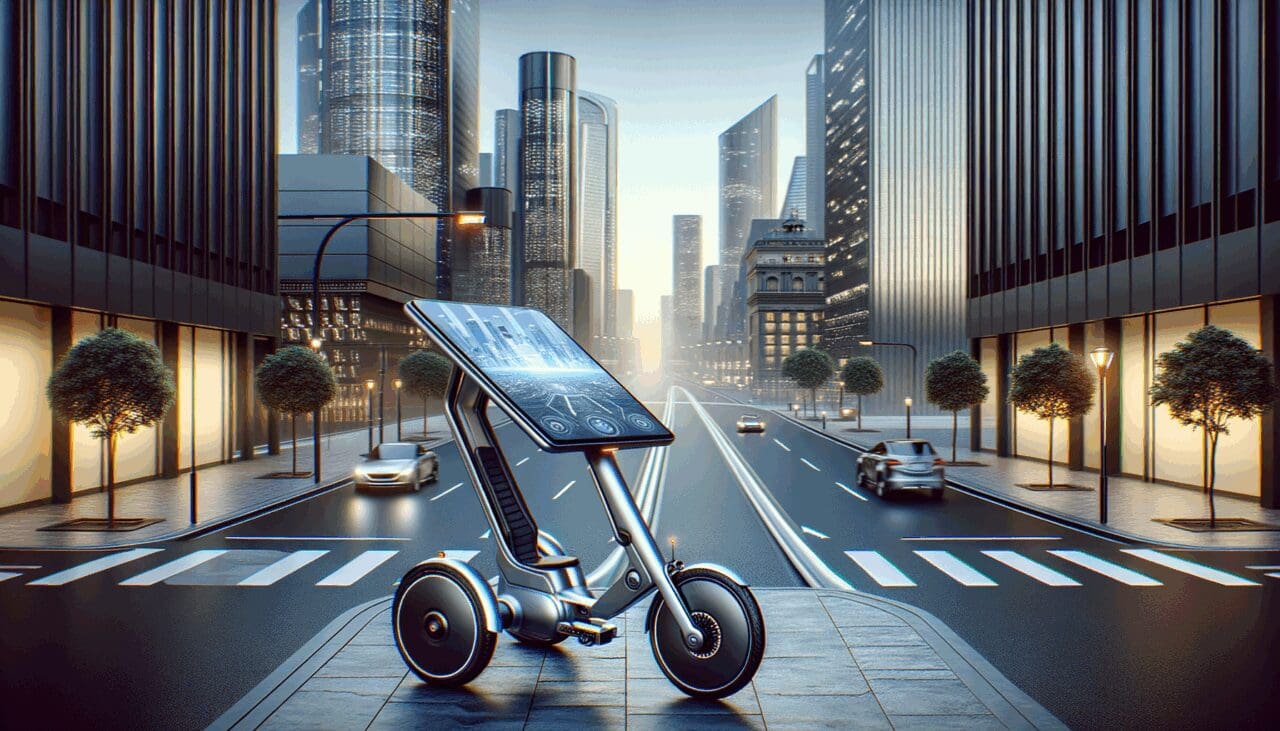 Triciclo futurista de pedales circulando por una vía urbana, Fondo limpio y tecnológico