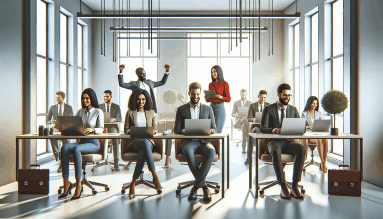 Oficinas modernas con emprendedores trabajando en laptops, ambiente colaborativo y tecnológico.