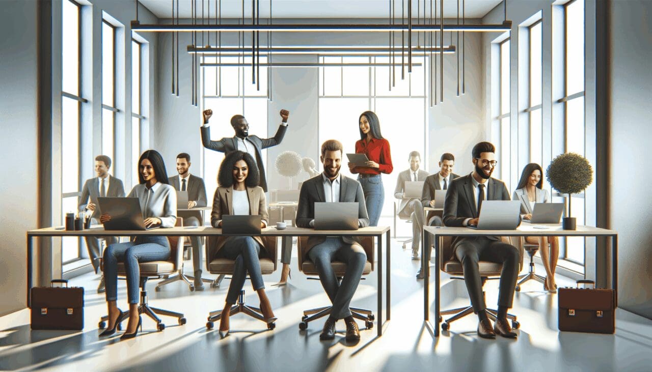 Oficinas modernas con emprendedores trabajando en laptops, ambiente colaborativo y tecnológico.