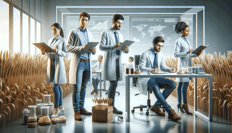 Equipo de trabajo analizando datos en laboratorio tecnológico rodeado de muestras agrícolas.