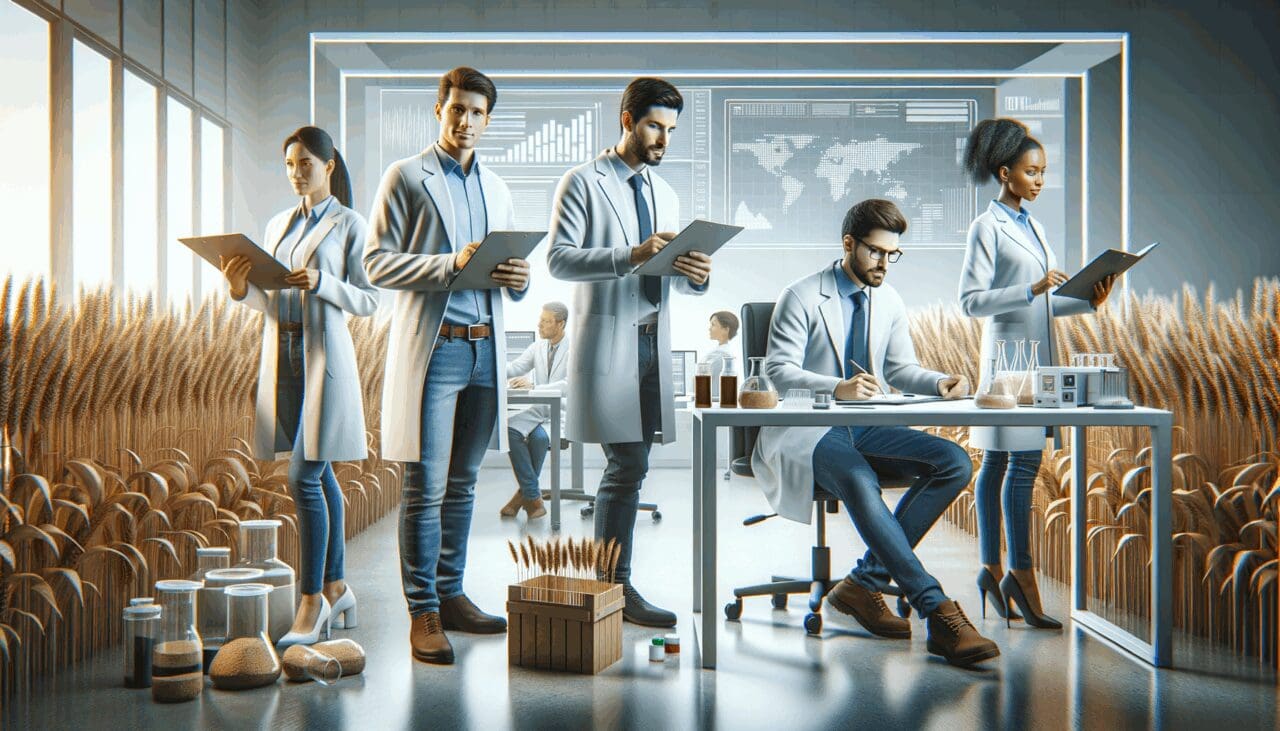 Equipo de trabajo analizando datos en laboratorio tecnológico rodeado de muestras agrícolas.
