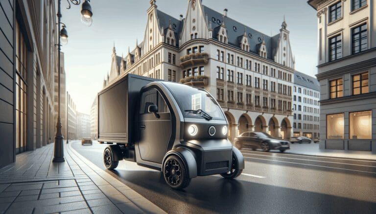 Vehículo eléctrico urbano compacto transportando carga en una ciudad moderna, con fondo de arquitectura europea.