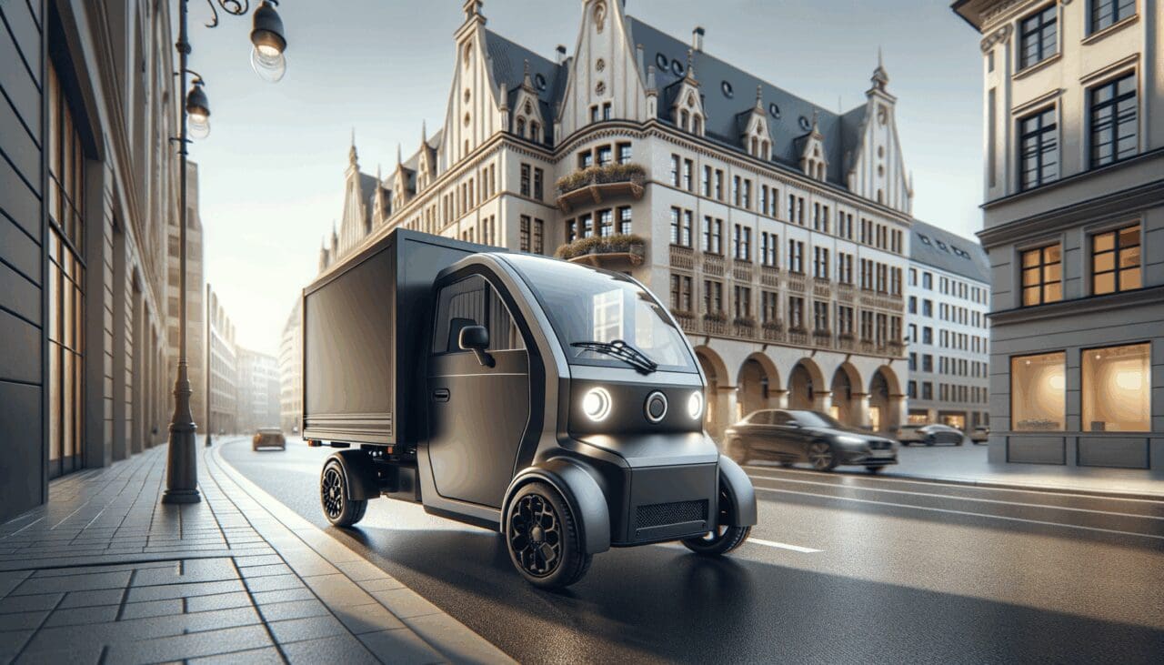 Vehículo eléctrico urbano compacto transportando carga en una ciudad moderna, con fondo de arquitectura europea.