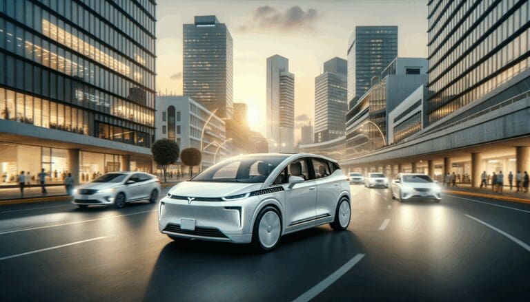 Taxis eléctricos blancos circulando en una ciudad mexicana moderna al atardecer.