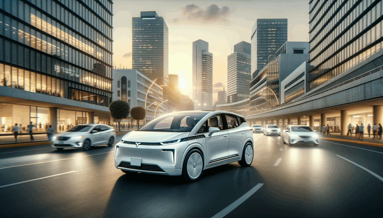 Taxis eléctricos blancos circulando en una ciudad mexicana moderna al atardecer.