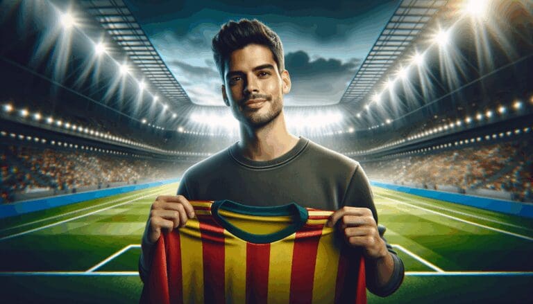 Jugador de fútbol sosteniendo una camiseta en un estadio, fondo borroso y ambiente vibrante.