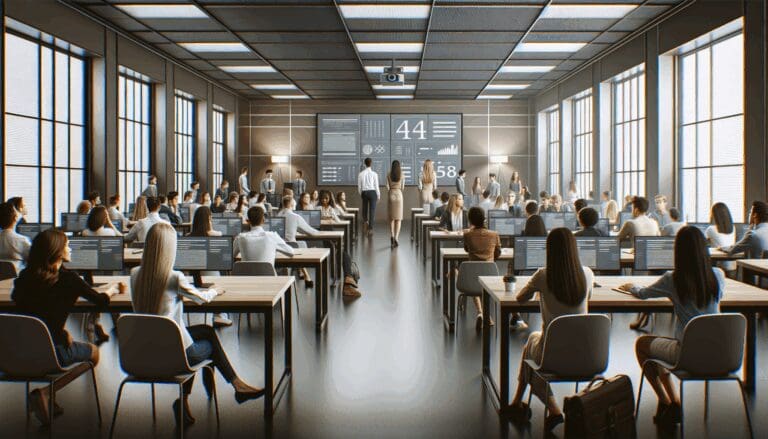 Personas jóvenes aprendiendo en un aula moderna con pantallas digitales y ambiente colaborativo.