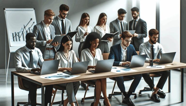 Oficina moderna con jóvenes emprendedores analizando gráficos en laptops, ambiente colaborativo.