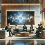 Salón moderno con emprendedores conversando frente a una pantalla digital, ambiente profesional y tecnológico.