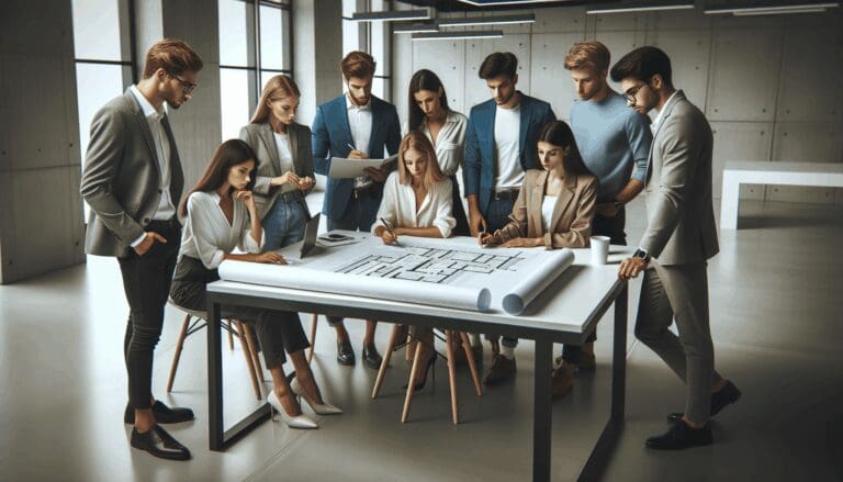 Fotografía de un equipo joven trabajando juntos en una oficina moderna con planos de edificios sobre la mesa
