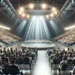 Escenario moderno iluminado dentro de una gran arena con público diverso asistiendo a un evento tecnológico.