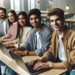 Jóvenes emprendedores usando laptops en un espacio de coworking moderno con gráficos digitales visibles.