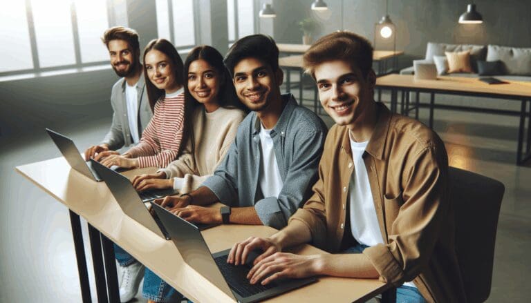 Jóvenes emprendedores usando laptops en un espacio de coworking moderno con gráficos digitales visibles.