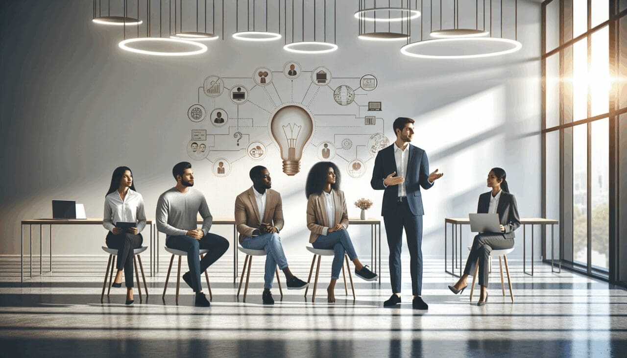Fotografía de un grupo diverso de emprendedores presentando ideas en un espacio de coworking tecnológico moderno.
