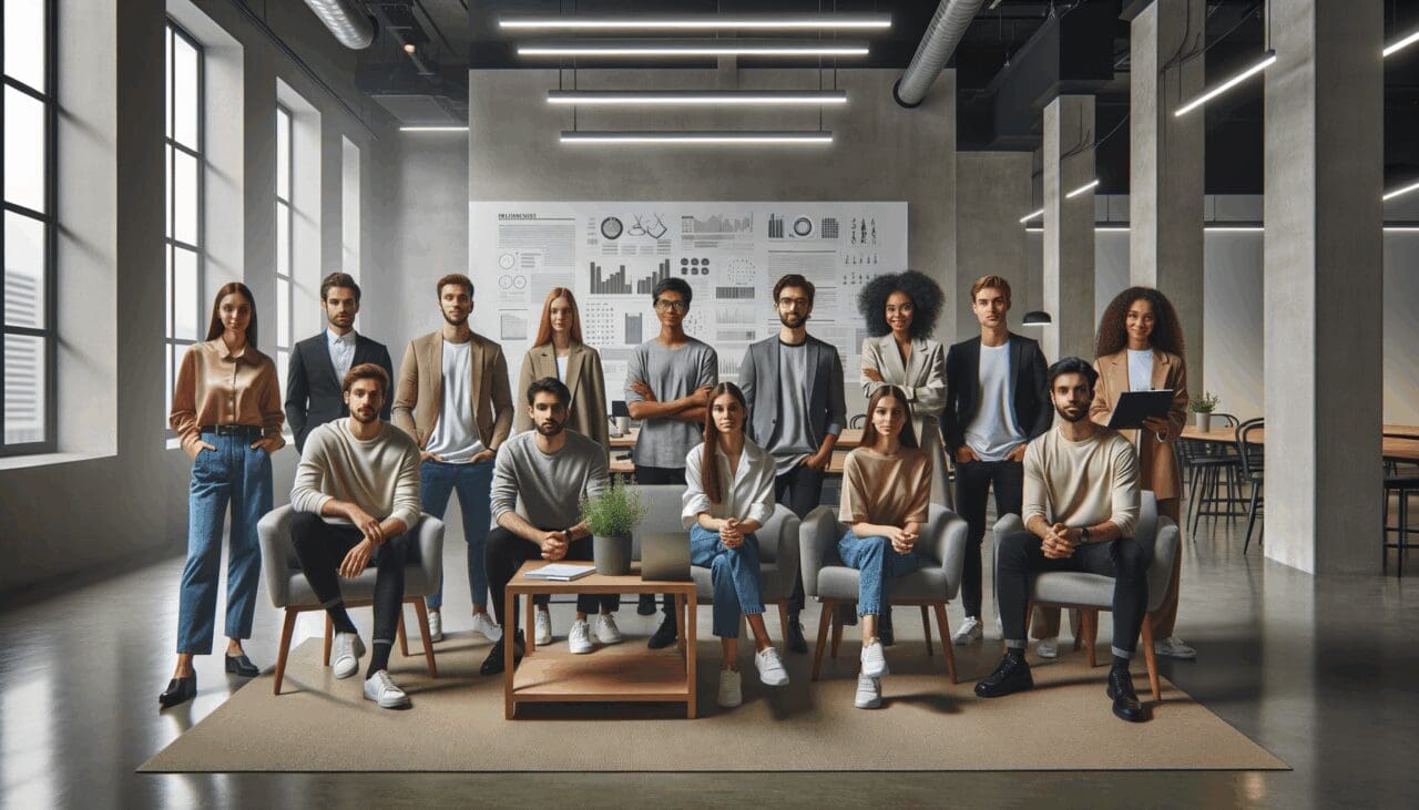 Emprendedores jóvenes presentando proyectos en un moderno espacio de coworking tecnológico.