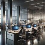 Oficinas modernas con equipos diversos de tecnología colaborando en un espacio abierto.