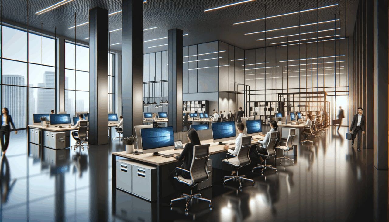 Oficinas modernas con equipos diversos de tecnología colaborando en un espacio abierto.