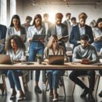 Equipo de jóvenes profesionales trabajando juntos en laptops en un espacio de coworking moderno y luminoso.