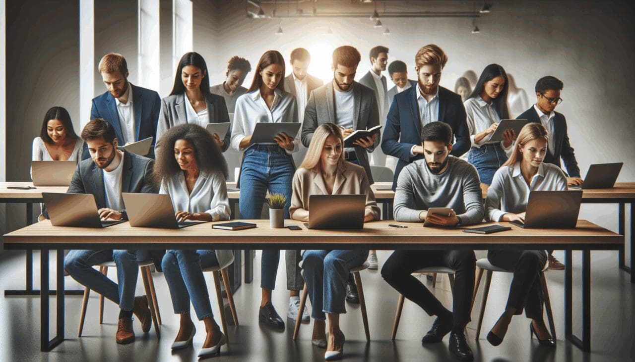 Equipo de jóvenes profesionales trabajando juntos en laptops en un espacio de coworking moderno y luminoso.