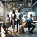 Equipo diverso colaborando en una oficina moderna frente a pantallas con gráficos digitales y elementos de inteligencia artificial.