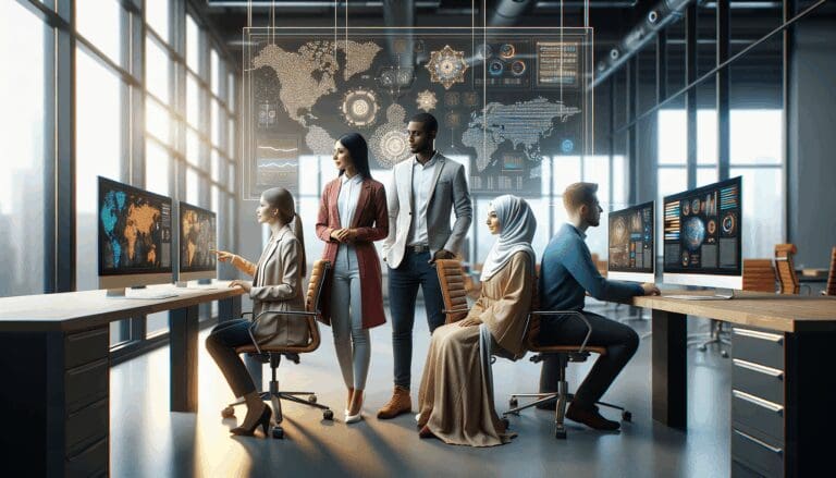 Equipo diverso colaborando en una oficina moderna frente a pantallas con gráficos digitales y elementos de inteligencia artificial.