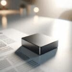 Primer plano de un dispositivo tecnológico compacto sobre una mesa blanca, luz natural.