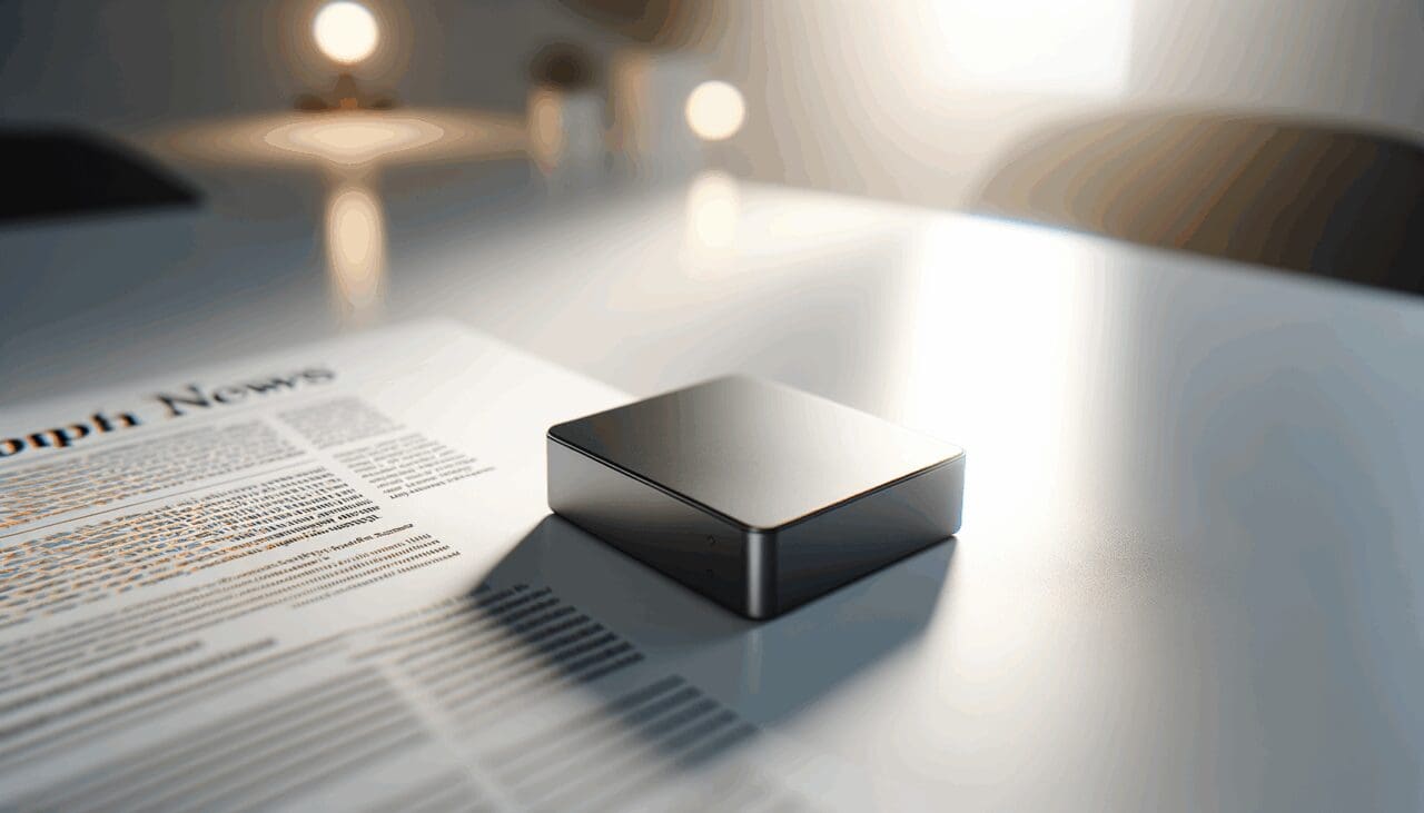 Primer plano de un dispositivo tecnológico compacto sobre una mesa blanca, luz natural.