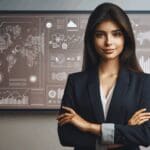 Emprendedora joven frente a una pantalla digital con gráficos innovadores.