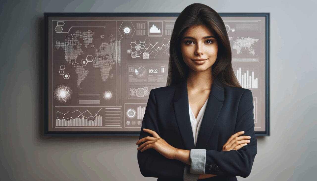 Emprendedora joven frente a una pantalla digital con gráficos innovadores.